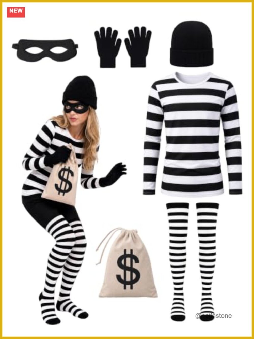 Striped Robber Costume Set with Beanie Gloves Mask Money Bag for Halloween